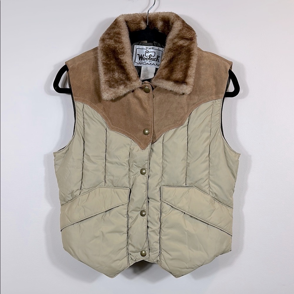 Woolrich Woman Cowboy Cowgirl Leather Down Western Chore Barn Puffer Vest Medium